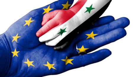 Man holding baby hand, Europen Union and Syria flags overlaid
